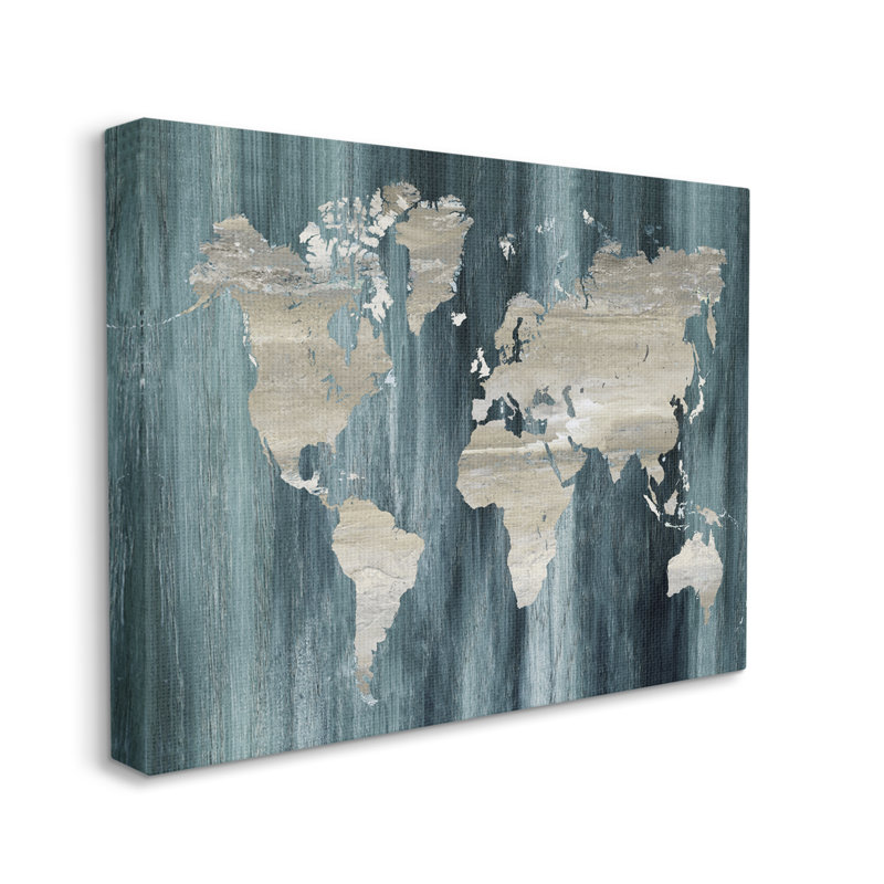 Carte du monde à motif de grain rustique par Nan - Peinture, Toile tendue, H 16 po x l 20 po x P 1,5 po