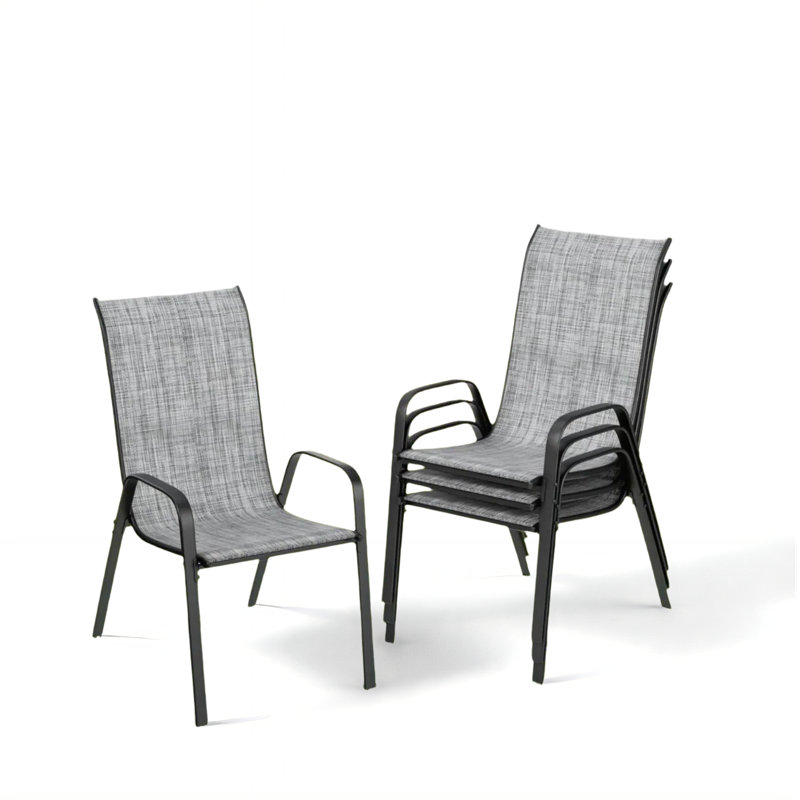 Chaises de patio empilables toutes saisons, tissu textilène durable avec accoudoirs, structure en métal robuste, chaises de salle à manger d'extérieur à séchage rapide ergonomiques pour la cour et la piscine (gris, 4 pièces)