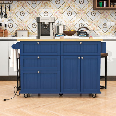 Adda Rustic Storage Kitchen Island Set with Expandable Drop-Leaf Tabletop and 2 Stools by Lark Manor