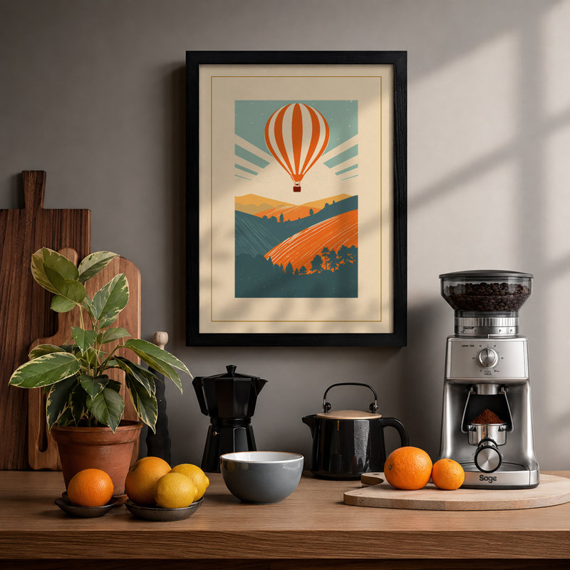 Hot Air Balloon Over Hills Retro - Framed Print, A4 - 29.7 x 21.0 cm, Black