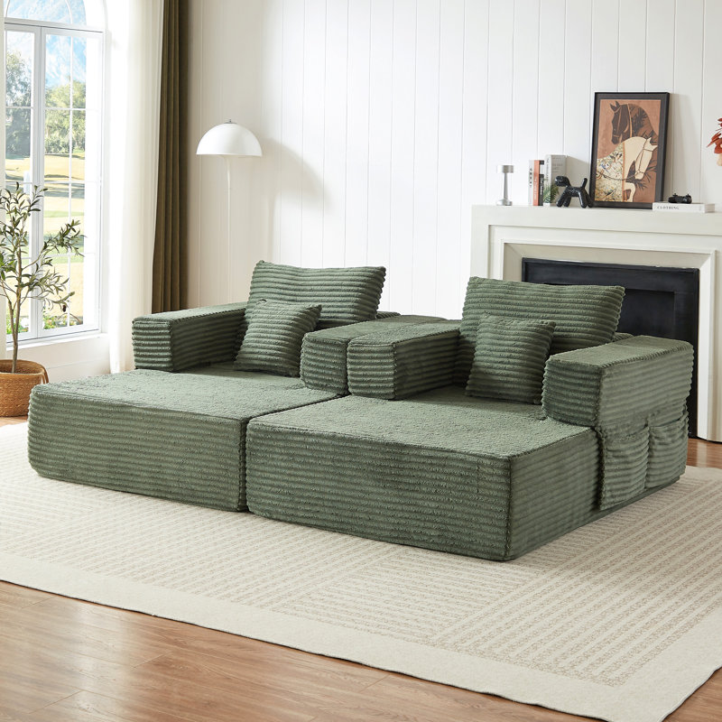Canapé d'angle modulaire en forme de L, convertible 2 en 1, 2 places en mousse, accoudoirs amovibles avec poches de rangement, 2 coussins de dossier et 2 coussins décoratifs pour salon