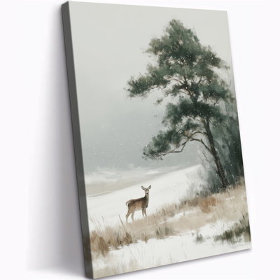 Art mural en toile de Noël cerf, peinture de scène d'hiver, affiche de paysage enneigé, impression d'arbres et de rennes, œuvre d'art de décoration de vacances pour le salon, entrée de chambre à coucher 12 po x 16 po