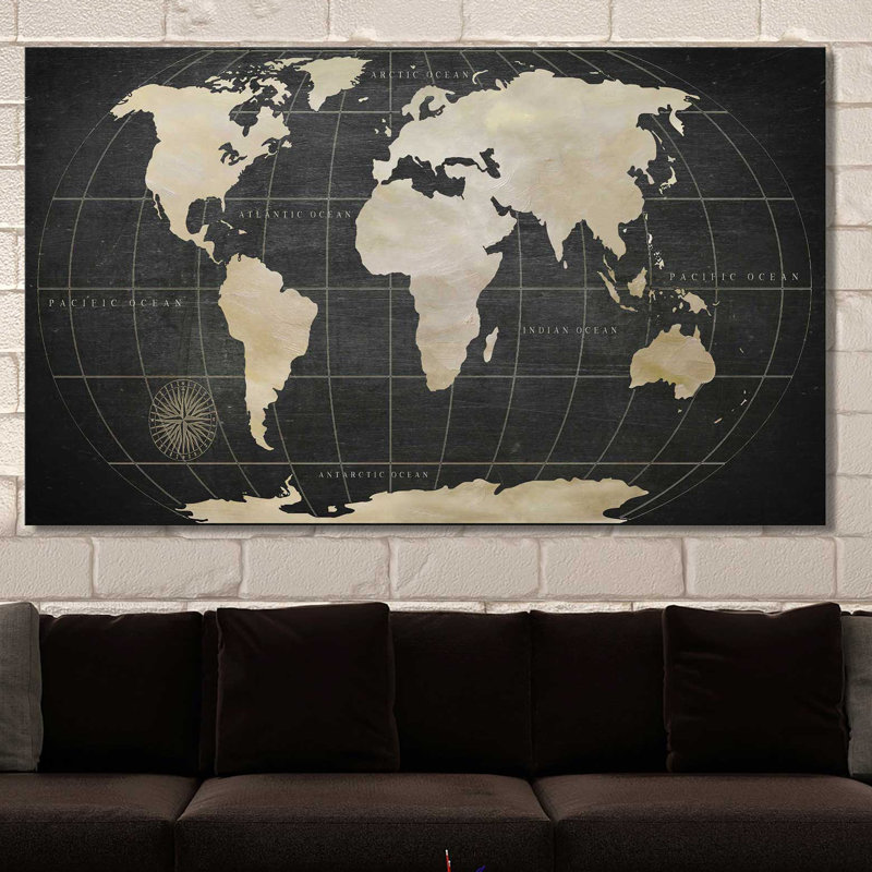 «Vintage World Map», impression, H 28 po x l 48 po x P 1,5 po, Toile tendue