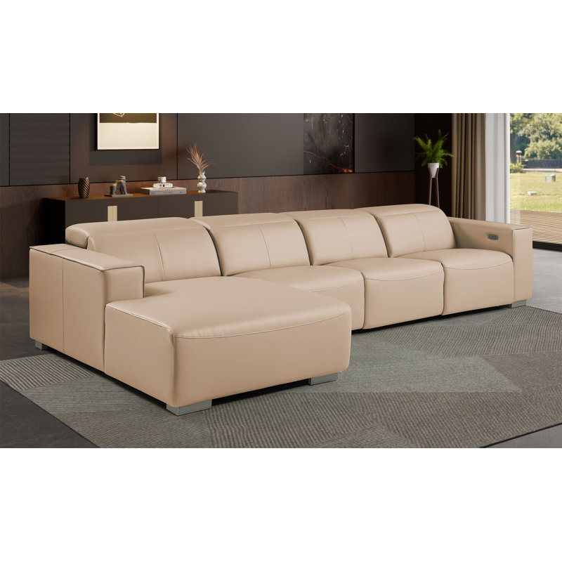 Canapé modulaire en L 4 pièces en cuir véritable BEIGE faisant face à la gauche avec 1 fauteuil inclinable électrique et appuis-tête réglables