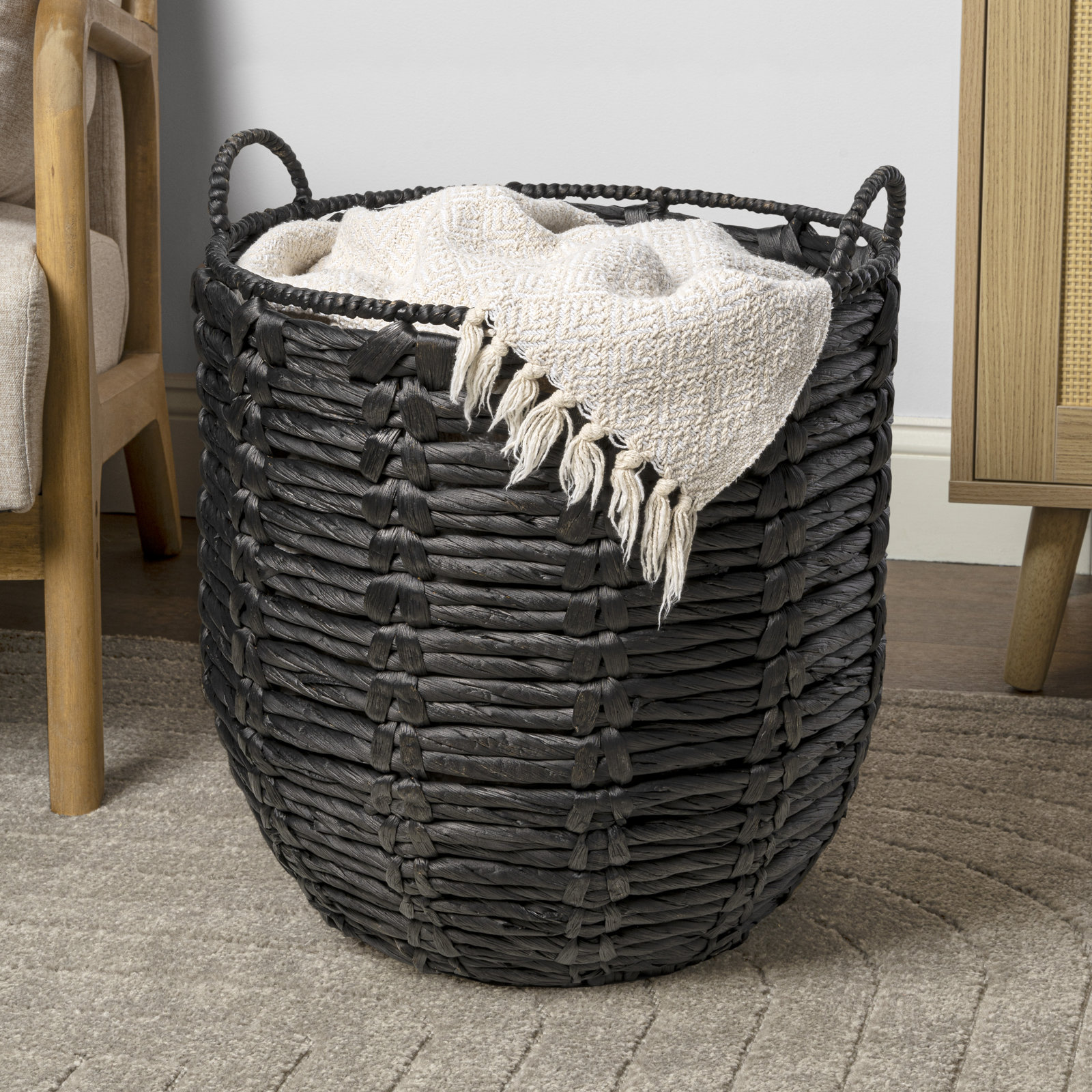 Kei Handmade Wicker Basket With Handles 1, Black