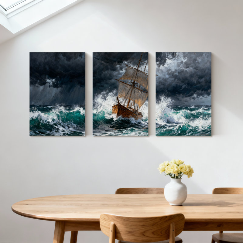«Nautical Stormy Sea Ship Waves Dark Sky», ensemble de 3 impressions sur toile, H 18 po x l 36 po