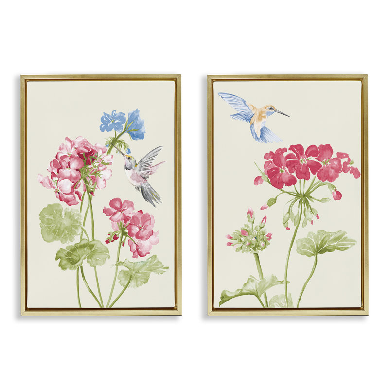 «Pink Geranium Hummingbirds», ensemble de 2 toiles flottantes encadrées par Patricia Pinto, Cadre flottant métallique doré