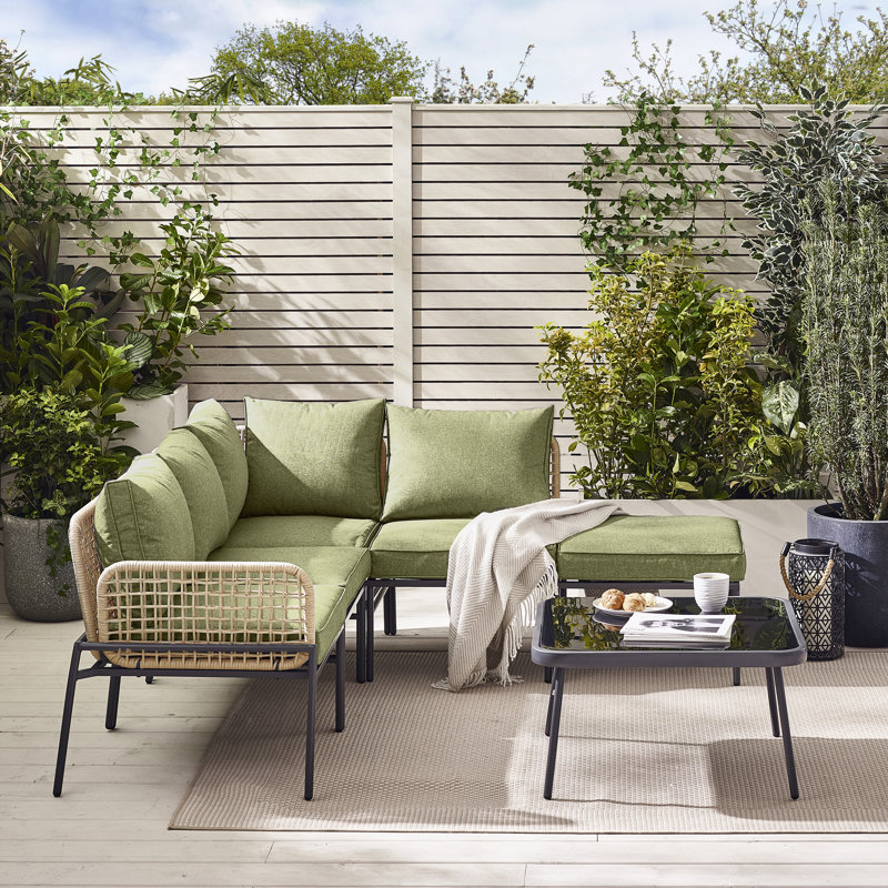 Alahni Outdoor 4-5 Seat Corner Sofa with Cushions and Coffee Table - Modern Rattan (Cover Included), Natural/Green