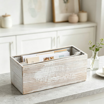 Mail Organizer Countertop, Wood Mail Holder with Two Slots, Phone Box with Hidden Charging Port, White Wash Letter Holder, Desk Organizers and Accessories for Home Office Decor