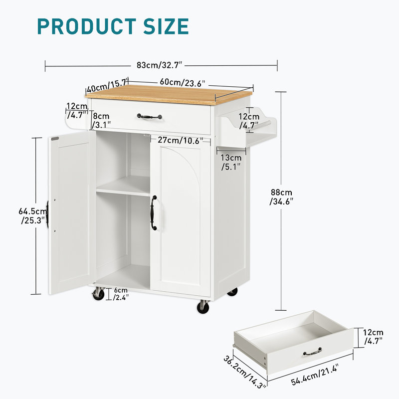 Small Kitchen Island Cart with Storage Cabinet and Drawer, White