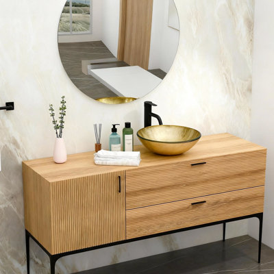 Lavabo décoratif texturé doré, avec bonde clic-clac et robinet noir assorti. Surface lisse et facile à nettoyer. Dimensions : 42 x 42 x 14 cm. Revêtement en verre trempé de qualité supérieure.