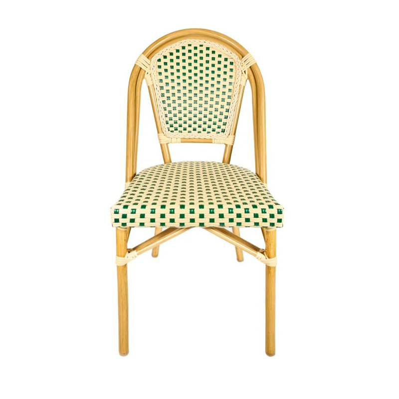 Beige and Green Rattan Armless Bistro Chair with Aluminum Legs