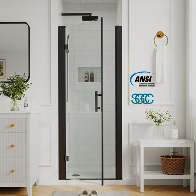 Porte de douche pivotante demi-cadre de 28 à 30 po x H 72 po en noir mat avec verre trempé de 1/4 po