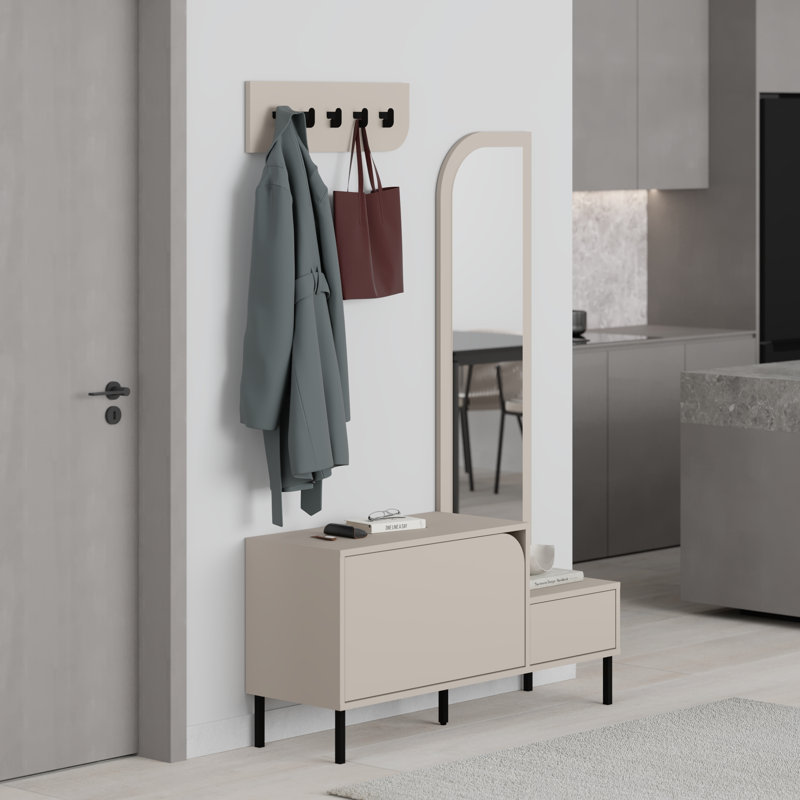 Bernett Hall Tree 112 Wide Coat Stand with Mirror & Shoe Cabinet, Sandstone