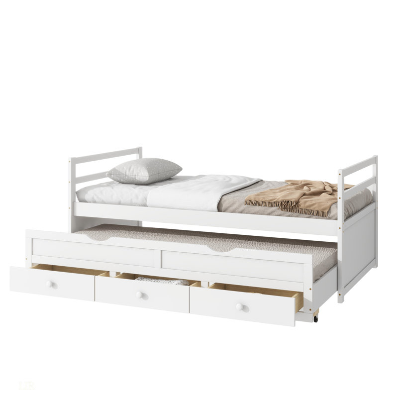 Bed With Headboard, Footboard, Trundle And Three Storage Drawers, Pine Wood Bed With Headboard, Footboard, White