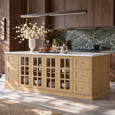 78.7'' W Kitchen Island with 6 Drawers, Glass Cabinets, Wine Bottle Storage and Dual-Color Lighting