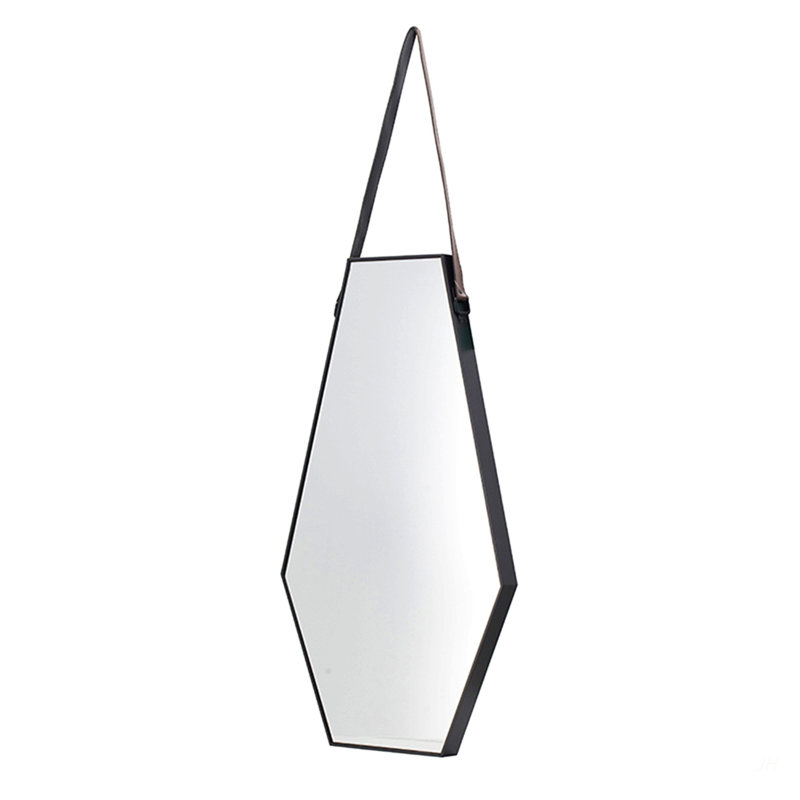 18x1.6x31.5" Black and Silver Hexagonal Wall Mirror with Hanging Leather Strap