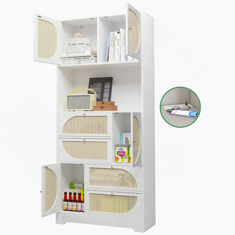 Armoire de rangement avec portes en rotin, huche autoportante avec prise de courant, 4 portes, 4 tiroirs