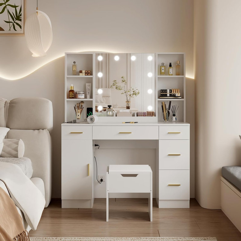 Vanity Desk With Led Lighted Mirror,Makeup Vanity With 10 Led Lights & 5 Metal Sliding Drawers, 3 Color Brightness Adjustable, Vanity Table With 6 Open Shelves, Dressing Table