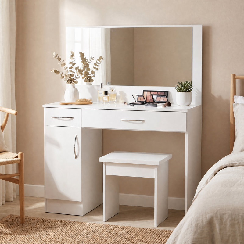 Cascio Dressing Table Set with Mirror, White Gloss