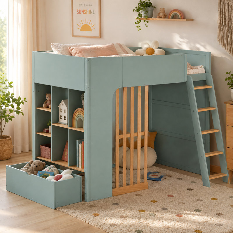 Lit mezzanine avec tablettes de rangement Leonide, Lit simple, Vert menthe