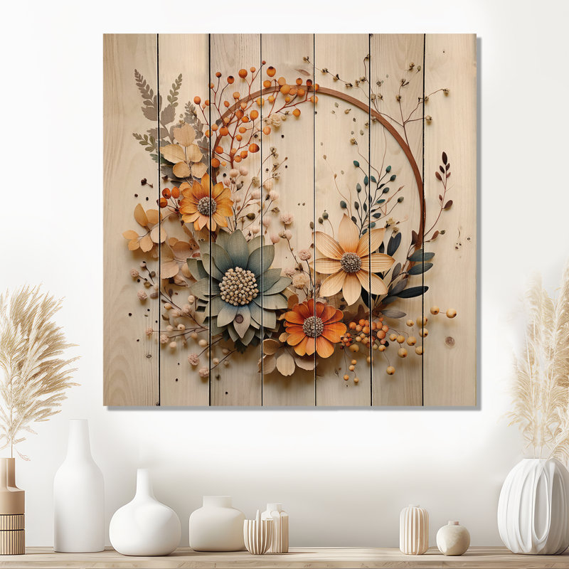Couronne florale beige et orange Kaydynce I sur bois, H 25 po x l 25 po x P 0,78 po