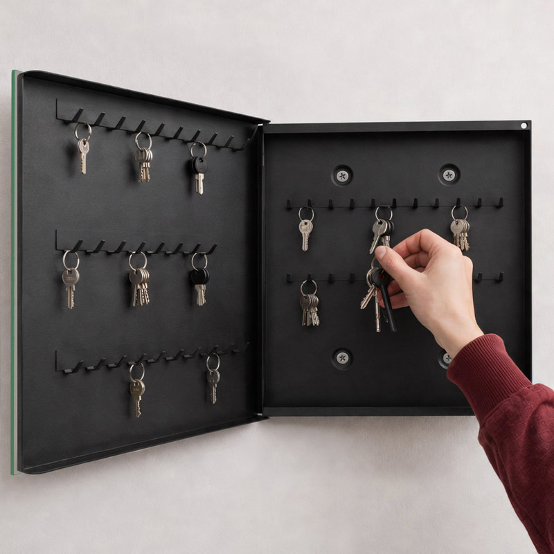 Key storage cabinet, Opens to the right, 30x30x5, Black, Subtle pink and white lights, 
