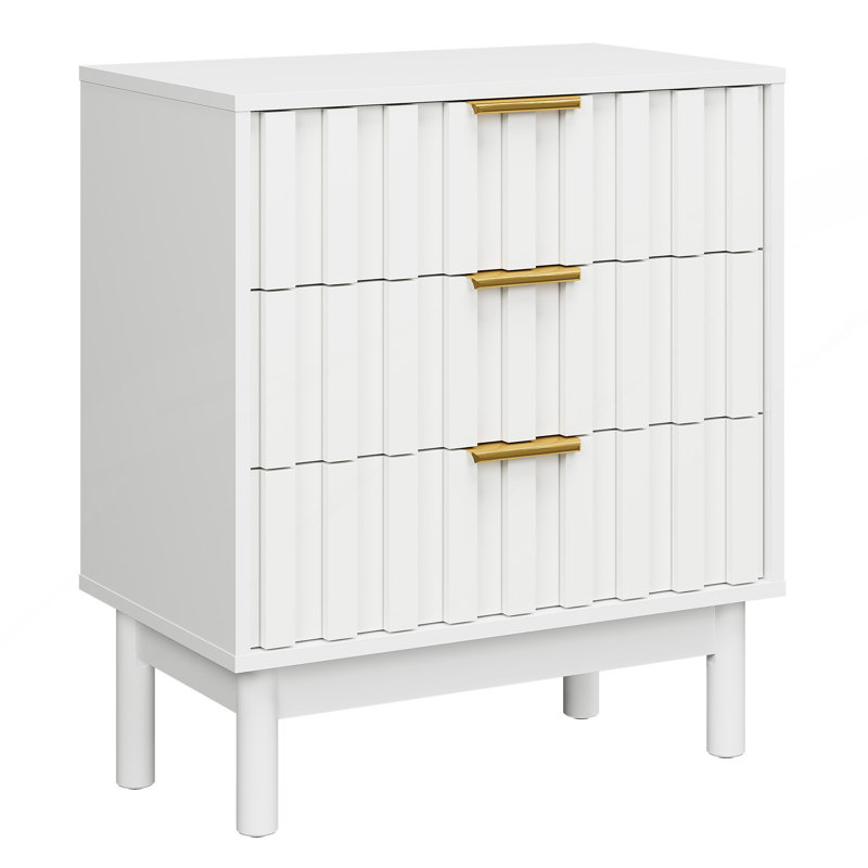 Commode 3 tiroirs avec panneau cannelé, commode moderne avec poignée chic, grande table de chevet