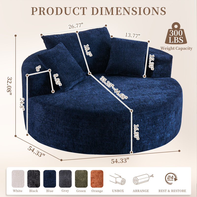 Oversized Barrel Accent Swivel Chair– 55" Waffle Chenille, Compression, Blue