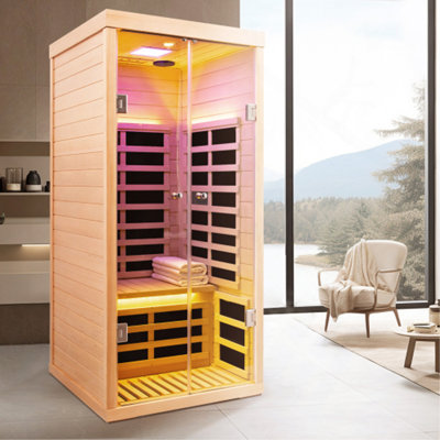 1-Person Hemlock Wood Sauna Room with Full Glass Door