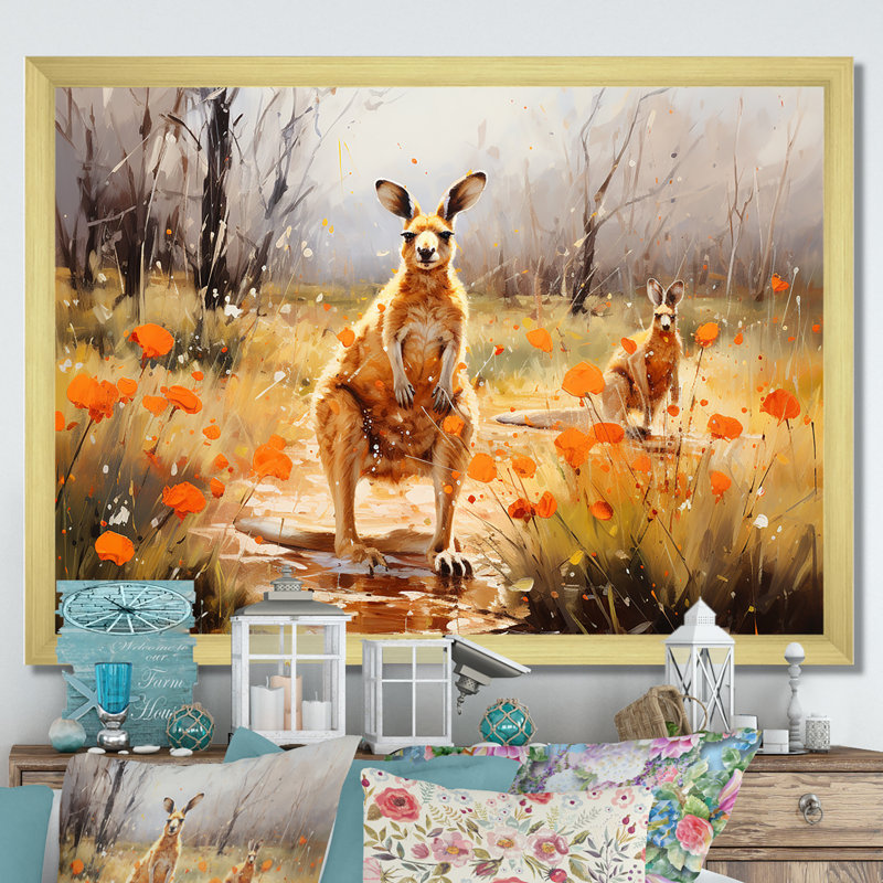 Chemin de kangourou en Australie sur toile, Cadre doré simple, H 34 po x l 44 po x P 1,5 po