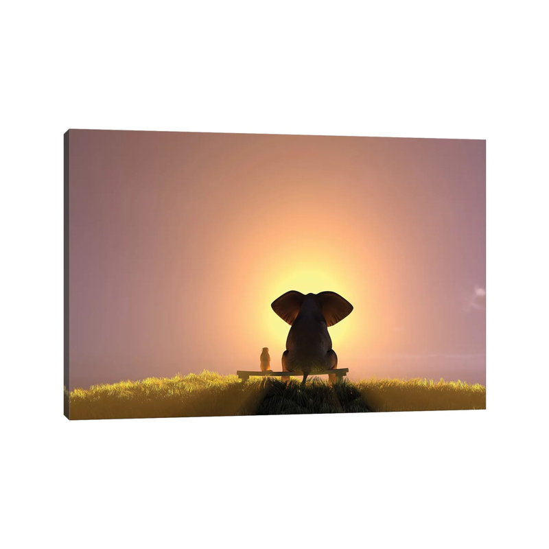 Elephant And Dog Sit On A Bench And Watch A Foggy Sunrise by Mike Kiev - Wrapped Canvas Print, 20.32 cm H x 30.48 cm W