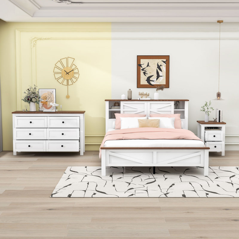 Ensemble de chambre à coucher 3 pièces Andrenae, Blanc, brun, Grand