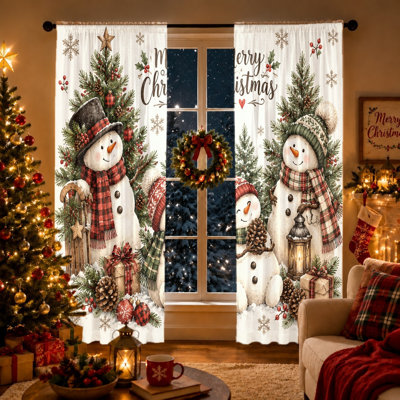 2Pcs Christmas Snowman Curtains, Festive Winter Holiday Window Drapes, Rod Pocket Light Filtering Curtains For Living Room Bedroom Kitchen, Wall Decor