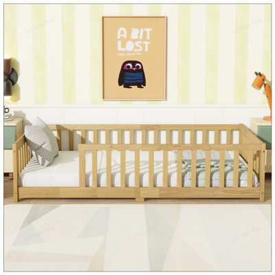 Twin Size Floor Bed with Safety Guardrails, Rubber Wood Frame for Kids' Rooms and Guest Bedrooms, Ensuring Comfort and Security