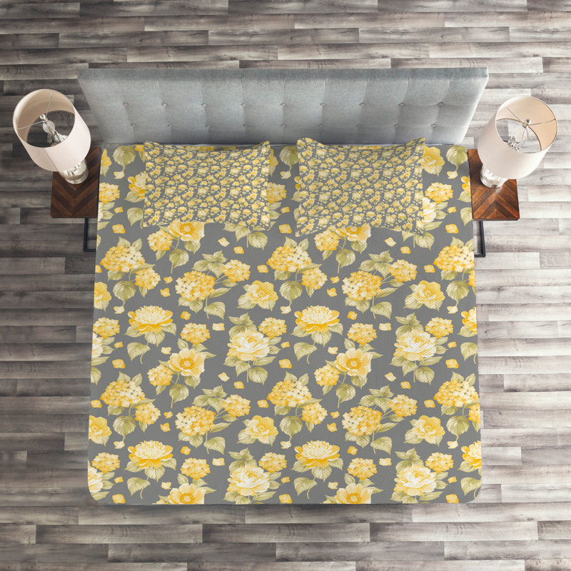Polyester Floral Coverlet, King Bedspread + 2 Shams, Yellow Floral 1