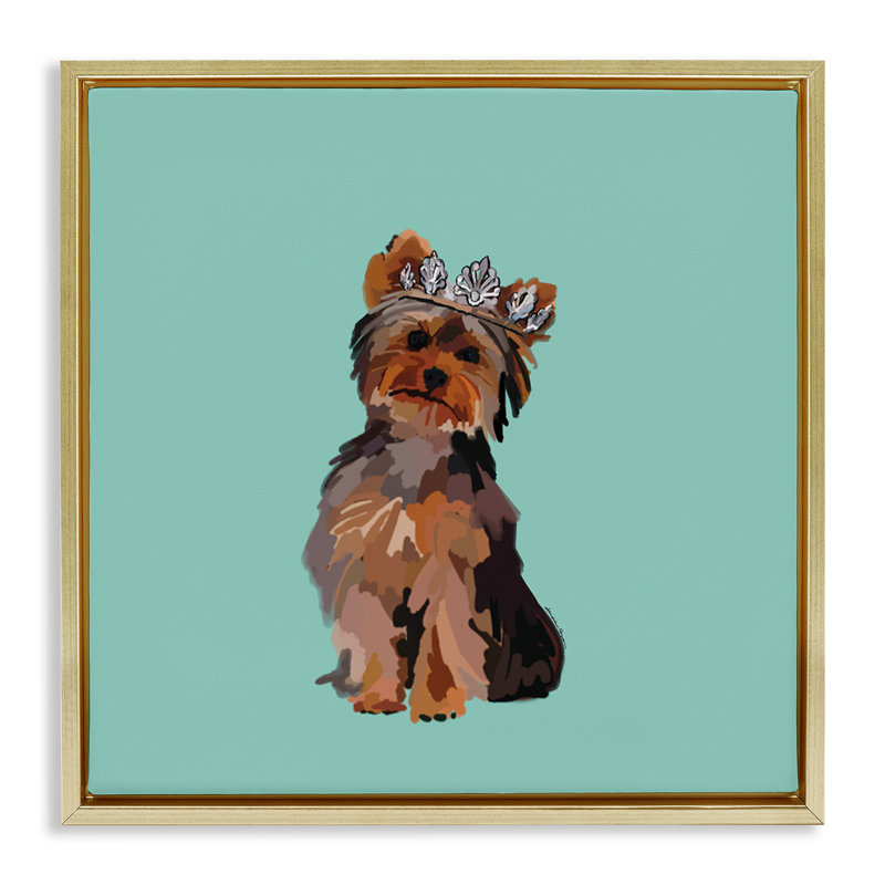 "Terrier avec couronne", art mural sur toile flottante par Amelia Noyes, Cadre flottant métallique doré, H 18 po x l 18 po