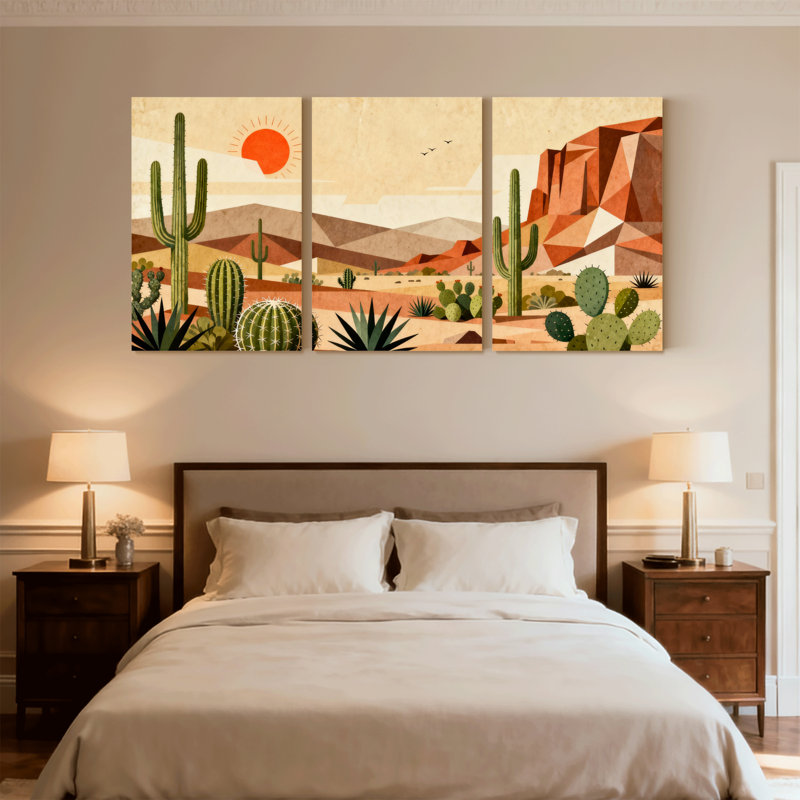 Paysage et nature, paysage désertique avec cactus et montagnes, ensemble de 3 impressions sur toile, H 18 po x l 36 po