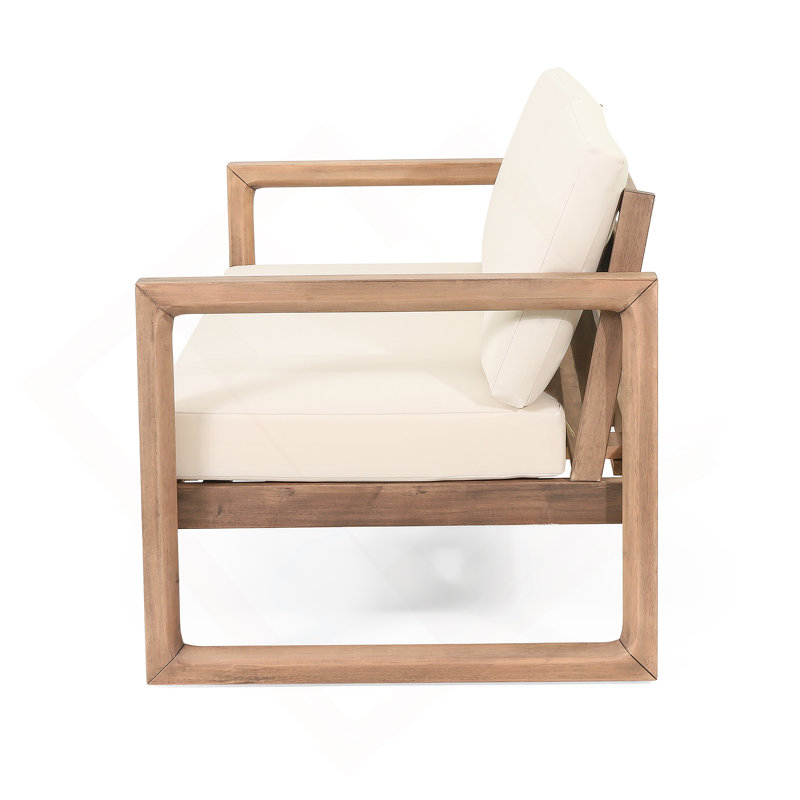 Ensemble de causeuse et table basse d'extérieur en bois d'acacia avec coussins, délavé brun, beige