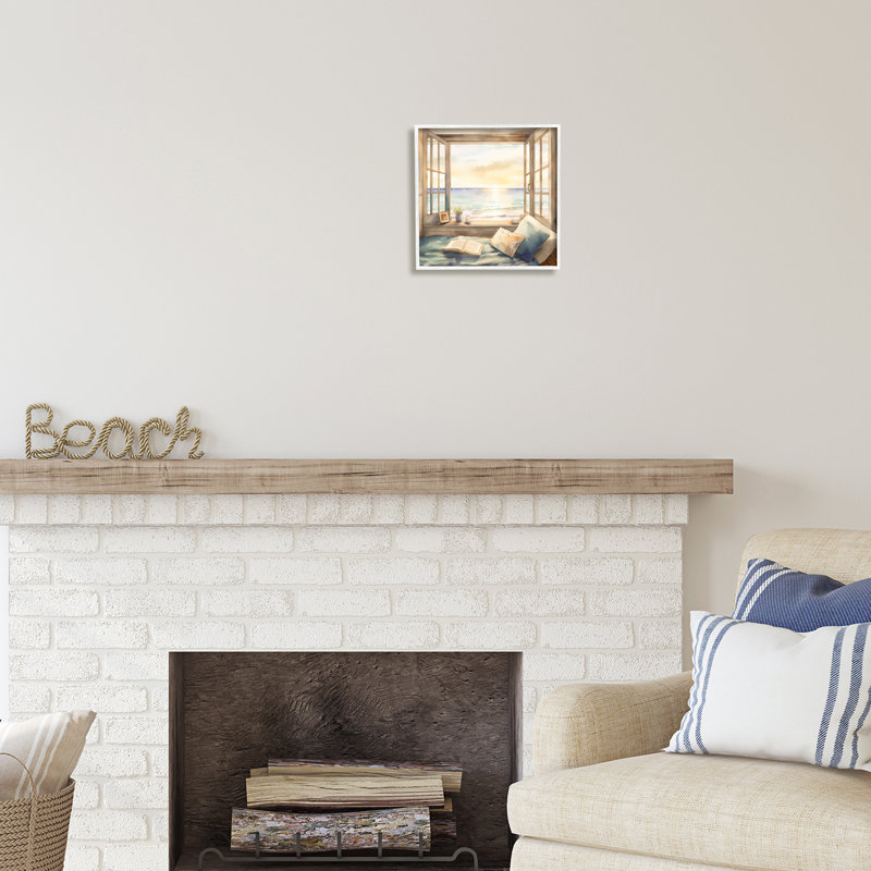 Ba-026 - Encadré d'une fenêtre de plage vue sur toile, H 12 po x l 12 po x P 1,5 po, Giclée encadrée blanc bord de mer