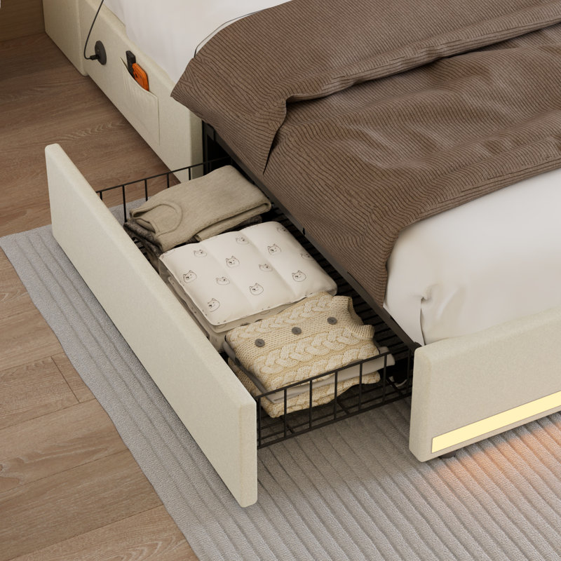 Full Size Storage Platform Bed with Charging Station and Smart Control RGB LED Lights, Beige Upholstered Bed Frame with Storage Drawers, USB & Type-C Charging Ports, Soft Linen Padded Headboard, 2 Under-Bed Storage Drawers, No Box Spring Needed