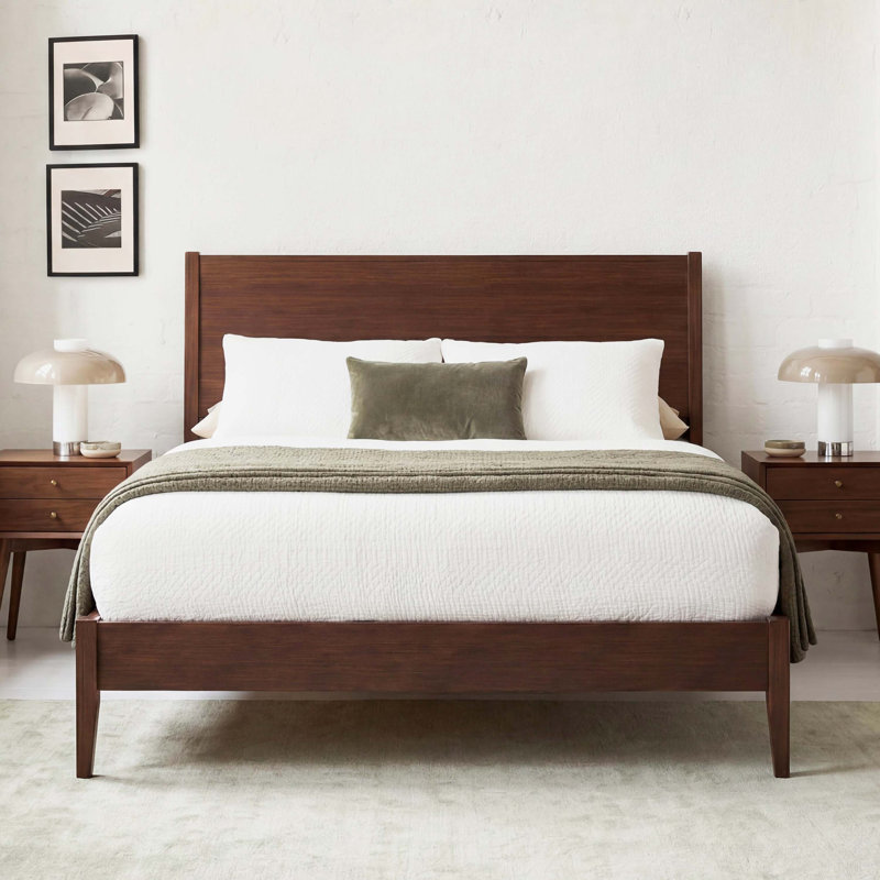 Structure de lit plateforme en bois de bambou massif de style Mid-Century avec lattes de bois et support en métal, lit sommier, assemblage facile