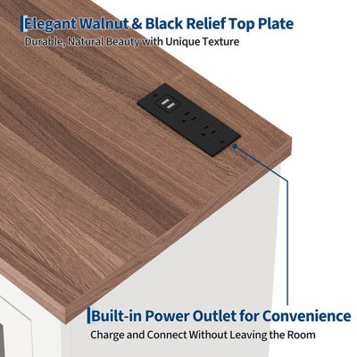 Buffet Cabinet with Storage, Sideboard Buffet with Glass Doors, Built-in Power Outlet, Elegant Walnut & Black Relief Top Plate, for Kitchen, Coffee Bar, Pantry, Living Room