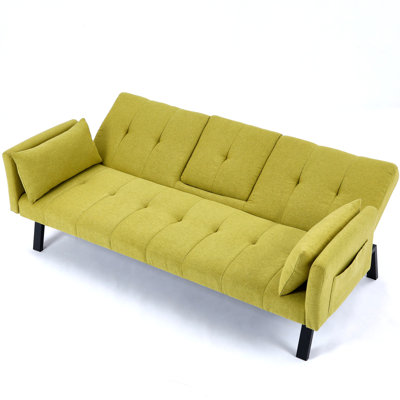Lit pliable, 70 po, avec porte-gobelet central et rangement latéral, tissu en lin de coton, matériau d'accoudoir de lit beige gris foncé et jaune, 2 sièges, idéal pour les petits espaces
