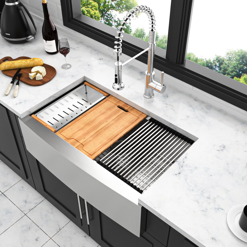30 Inch Kitchen Sink Stainless Steel - Apron Front Workstation, 16 Gauge, Brushed Nickel, , Includes Accessories And Installation Guide 30" Workstation Build, , Easy To Clean, With Wood Cutting