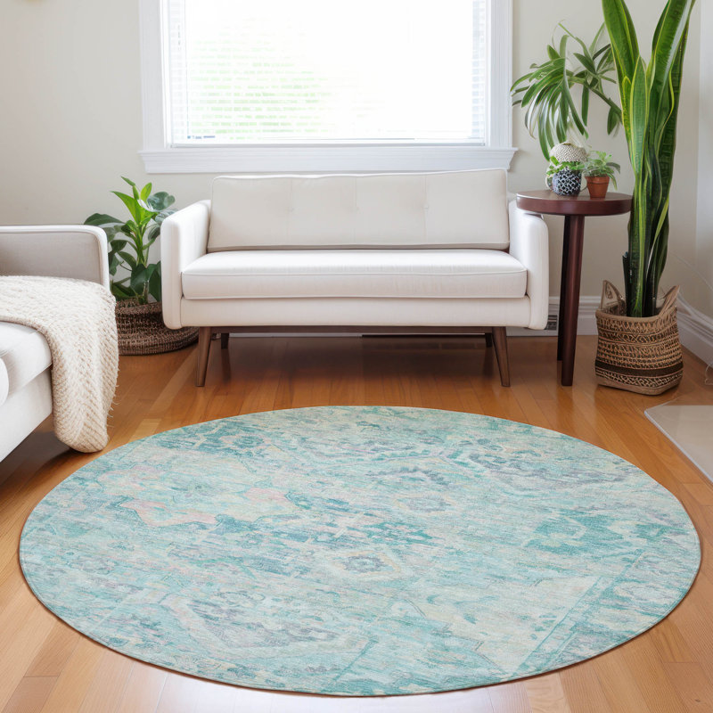 Machine Washable Indoor/Outdoor Cinead ACN1664 Teal Rug, Round 8'