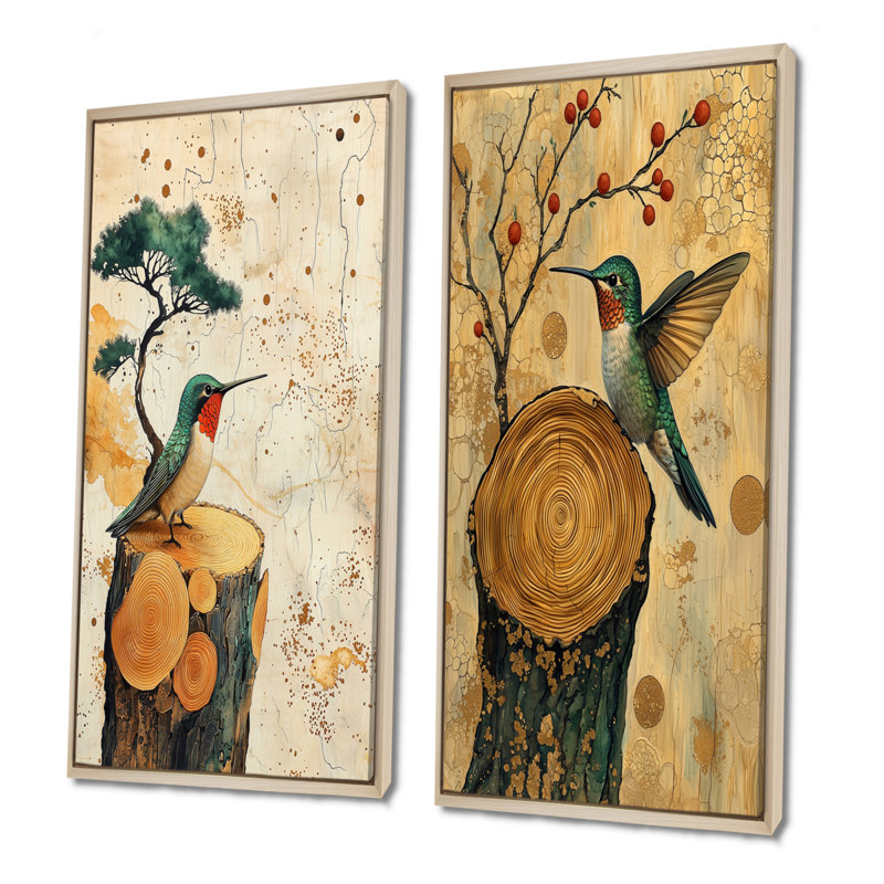 Abstrait colibri en bois Grace I - animaux, impressions sur toile 2 pièces, H 28 po x l 25 po, Cadre crème crème