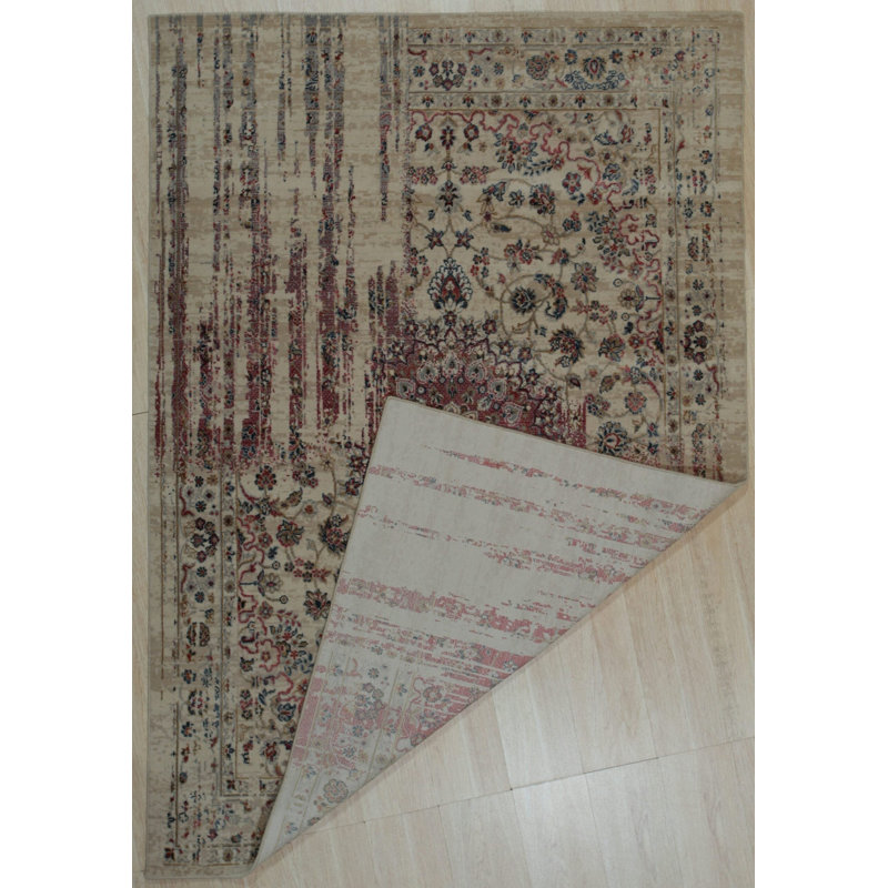 5x8 Ivory Machine Made Wool Viscose Distressed Floral Medallion Geometric Modern Contemporary Carpet Rug