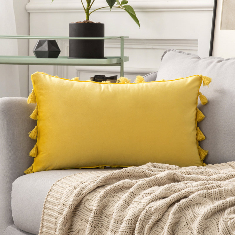 Coussin en velours, Jaune, Polyester, H 14 po x l 20 po