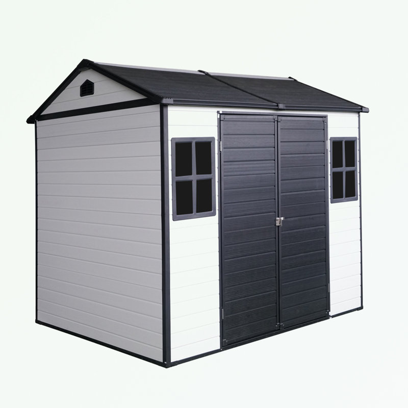 Remise extérieure imperméable avec plancher, deux fenêtres et porte verrouillable, H 85 po x l 96 po x P 75 po, Gris / Blanc